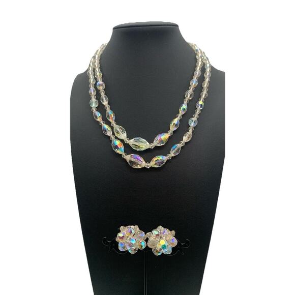 Vintage Double Strand Aurora Borealis AB Crystal Necklace & Cluster Clip On’s - Picture 1 of 7